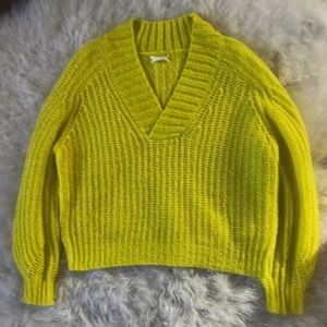 Anthropologie chunky knit shawl collar V neck wool sweater medium neon